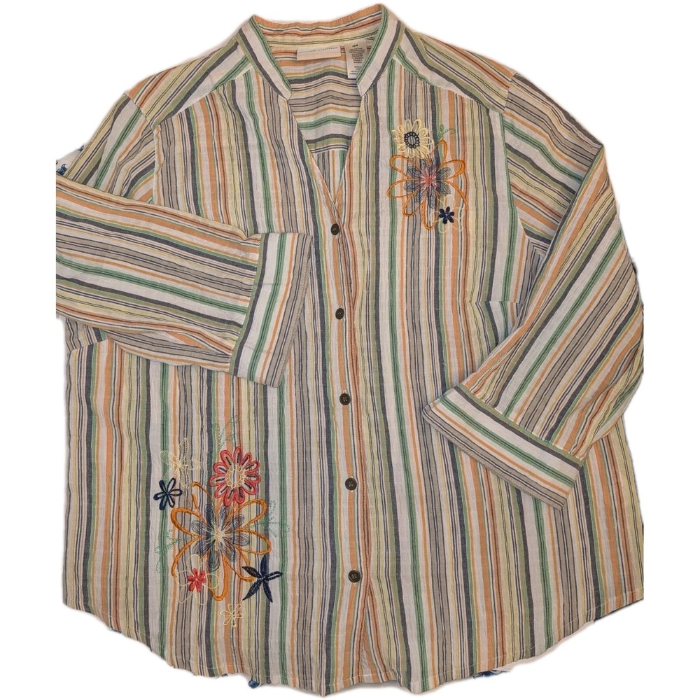Alfred Dunner 2X Embroidered Floral Striped Beachy Boho Top XXL Light, Soft Fun